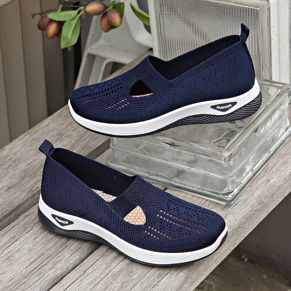 Womens Navy Blue Knit Slip On Walking Shoes Mesh Mary Jane Sneakers Fashion